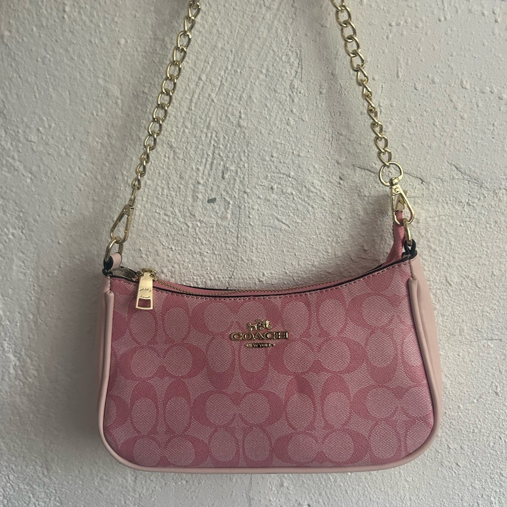 Coach Pink Monogram Shoulder Bag with Gold Chain